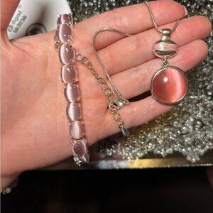 AVON Signed Silver-Tone Bracelet w/Extra Link Cats Eye Oval & Necklace Set